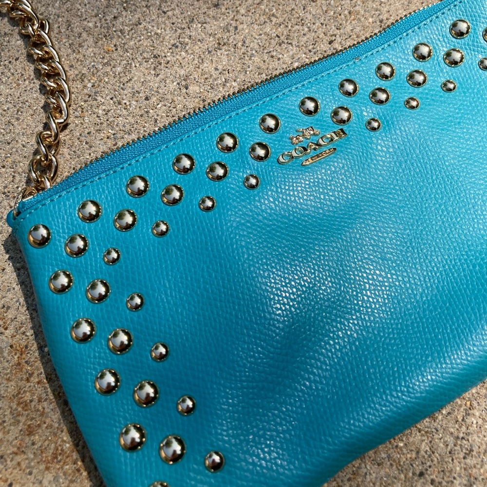 Coach Quinn Teal Blue Metal Bubble Studded Soft Leather Small Crossbody Purse - Picture 7 of 17